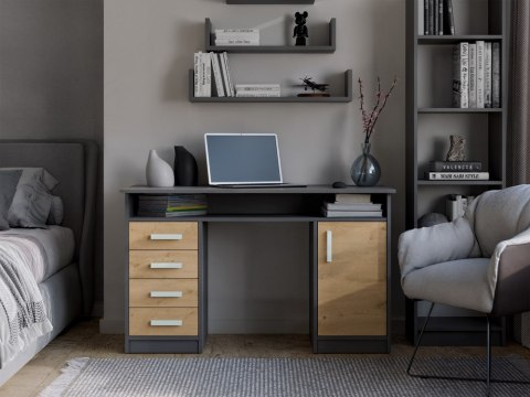 BIURKO ADA ANTRACYT DĄB ARTISAN 125 Cm 4 Szuflady Szafka Półki Do Biura Pokoju Na Laptop