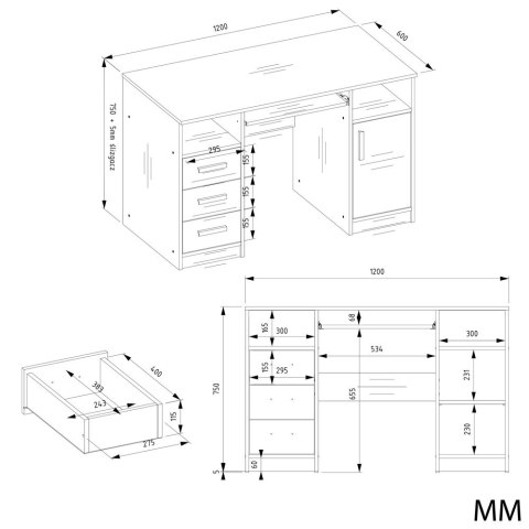 BIURKO DELTA DĄB ARTISAN 120 Cm 3 Szuflady Szafka Półki Do Biura Pokoju Na Laptop