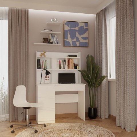 Biurko MIJAS Lewe Z Nadstawką Biel Mat 4 Szuflady 4 Półki Do Biura Pokoju