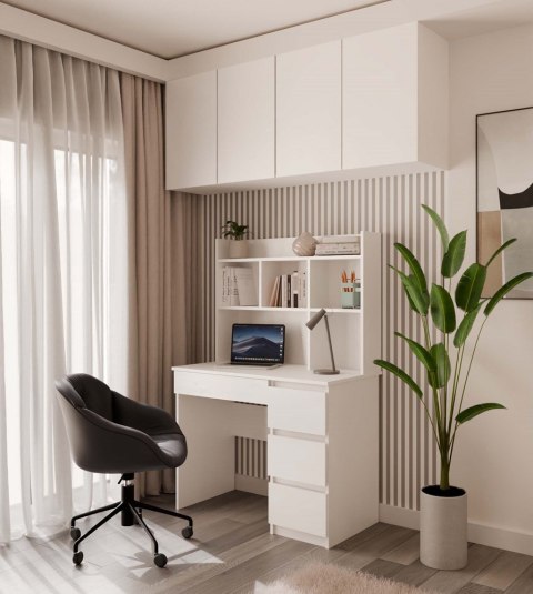 Biurko MIJAS Lewe Z Nadstawką Biel Mat 4 Szuflady 4 Półki Do Biura Pokoju