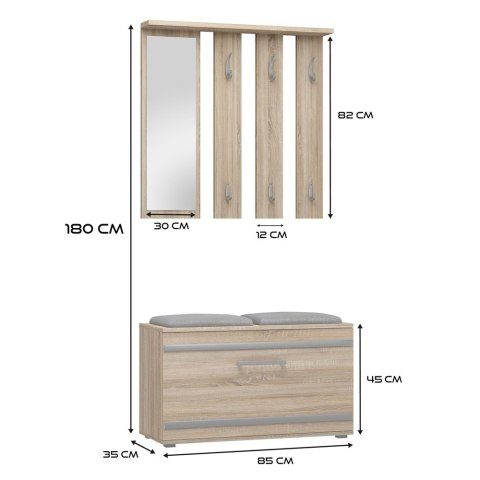 Garderoba z Lustrem Wieszak Szafka Na Buty Z Siedziskiem Dąb Sonoma