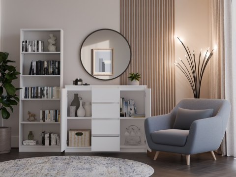 Komoda 4 Szuflady 120 cm Półki Szafka Regał Do Salonu Sypialni Biura BIAŁA