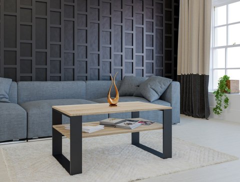 Stolik Kawowy Dąb Sonoma Ława LOFT Retro 90x50cm Dodatkowy Blat Czarne Nogi