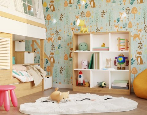 Regał Na Książki Stojący Biurowy Otwarty Komoda 8 Półek Biały + Dąb Artisan