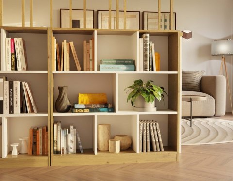 Regał Na Książki Stojący Biurowy Otwarty Komoda 8 Półek Biały + Dąb Artisan