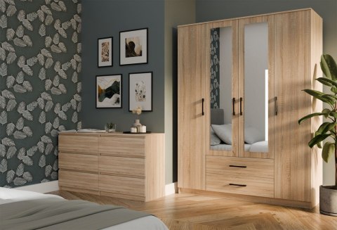 Szafa Garderoba Z Lustrem Duża Szuflady Regał Półki 205x160cm Dąb Sonoma