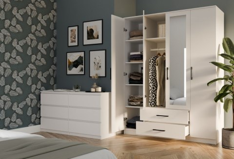 Szafa Czterodrzwiowa Garderoba Z Lustrem Duża Szuflady 205x160cm Biały Mat