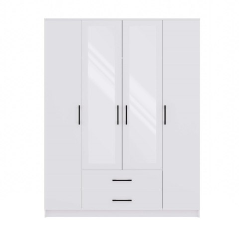 Szafa Czterodrzwiowa Garderoba Z Lustrem Duża Szuflady 205x160cm Biały Mat