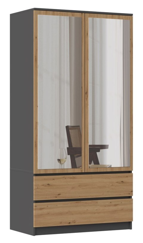 Szafa Z Lustrem Antracyt Dąb Artisan Pojemna Garderoba Szuflady Półki Duża