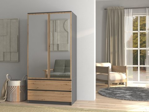 Szafa Z Lustrem Antracyt Dąb Artisan Pojemna Garderoba Szuflady Półki Duża