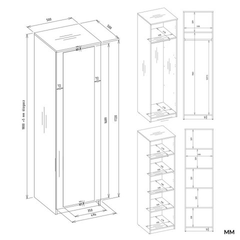 Szafa Wysoka Garderoba z Lustrem 50 cm Biała Półki Lub Drążek Pojemna