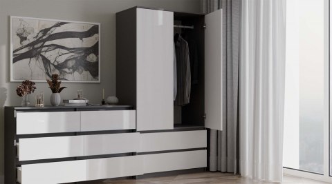 Szafa garderoba 90 cm drążek szuflady półki - mix antracyt / biały