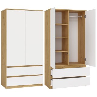 Szafa 90cm Garderoba Biała Dąb Artisan Nowoczesna Szuflady Półki Na Ubrania