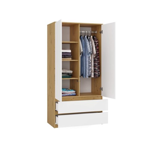 Szafa 90cm Garderoba Biała Dąb Artisan Nowoczesna Szuflady Półki Na Ubrania