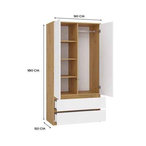 Szafa 90cm Garderoba Biała Dąb Artisan Nowoczesna Szuflady Półki Na Ubrania