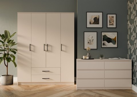 Szafa Czterodrzwiowa Duża Garderoba 2 Szuflady Regał 205x160cm Kaszmir Beż