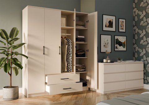 Szafa Czterodrzwiowa Duża Garderoba 2 Szuflady Regał 205x160cm Kaszmir Beż