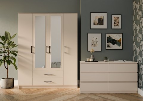 Szafa Czterodrzwiowa Garderoba Z Lustrem Duża Szuflady 205x160cm Kaszmir