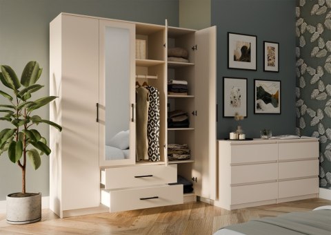 Szafa Czterodrzwiowa Garderoba Z Lustrem Duża Szuflady 205x160cm Kaszmir