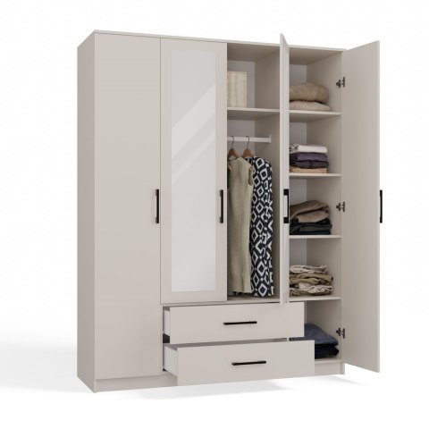 Szafa Czterodrzwiowa Garderoba Z Lustrem Duża Szuflady 205x160cm Kaszmir