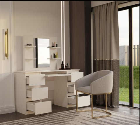 Toaletka Kosmetyczna Z Lustrem Do Makijażu Zestaw MARINA 4P + KUBA Biurko KASZMIR