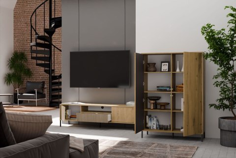 Regał Na Książki Biurowy Szafa Witryna Lamele Ryflowany Front Dąb Artisan