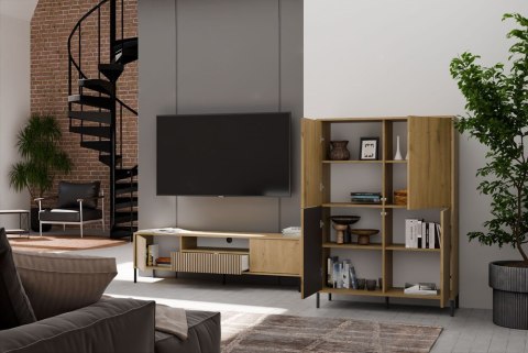 Regał Na Książki Biurowy 4Drzwi Witryna Lamele Ryflowane Fronty Dąb Artisan