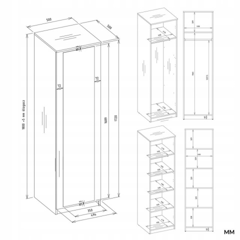 Szafa garderoba z lustrem 50 cm biała półki lub drążek