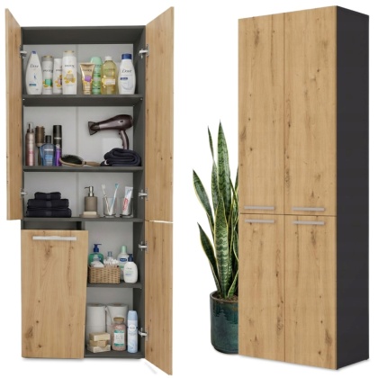 Szafka łazienkowa 60cm NEL z koszem na pranie - mix antracyt / dąb artisan