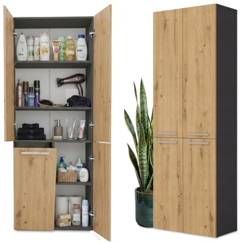 Szafka łazienkowa 60cm NEL z koszem na pranie - mix antracyt / dąb artisan
