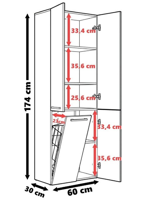 Szafka łazienkowa 60cm NEL z koszem na pranie - mix antracyt / dąb artisan