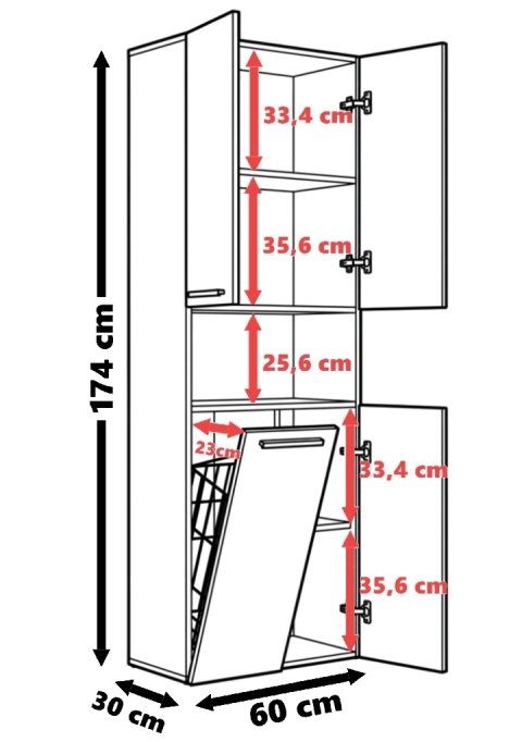 Szafka łazienkowa 60cm NEL z koszem na pranie - mix antracyt / dąb artisan