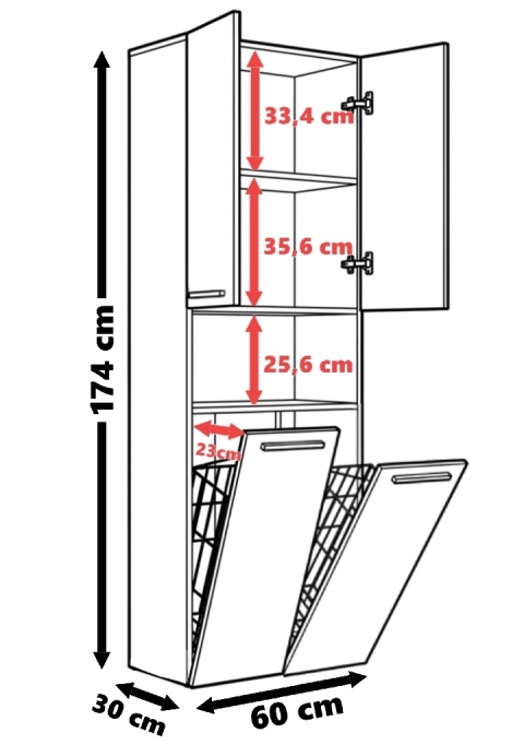 Szafka łazienkowa 60cm NEL z dwoma koszami na pranie - biały matowy