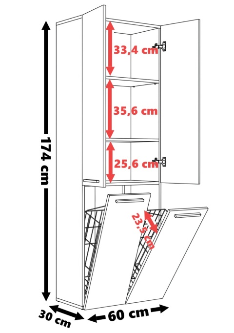 Szafka łazienkowa 60cm NEL z dwoma koszami na pranie - dąb artisan