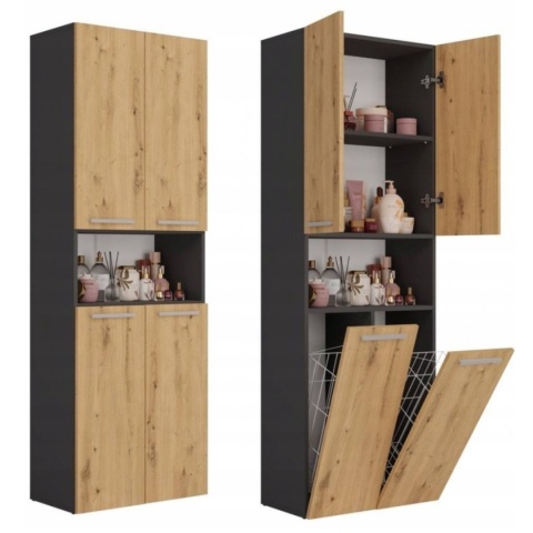 Szafka łazienkowa 60cm NEL z dwoma koszami na pranie - mix antracyt / dąb artisan