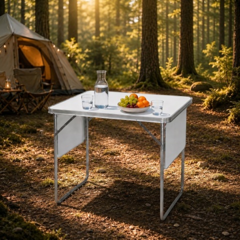 Stolik turystyczny składany 120x60 cm biały – stół kempingowy z półkami i uchwytem