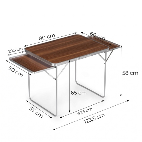 Stolik turystyczny składany 120x60 cm dekor drewna – stół kempingowy 2 dodatkowe półki