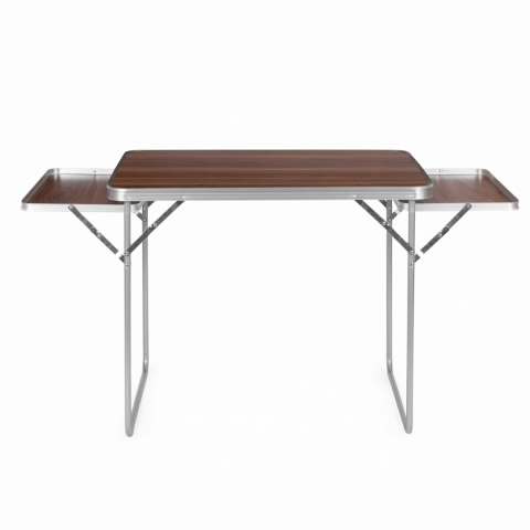Stolik turystyczny składany 120x60 cm dekor drewna – stół kempingowy 2 dodatkowe półki