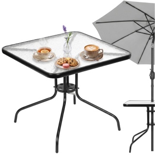 Szklany stolik ogrodowy 80x80 cm z otworem na parasol – na taras i balkon