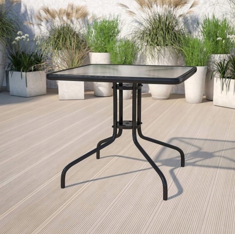 Szklany stolik ogrodowy 80x80 cm z otworem na parasol – na taras i balkon
