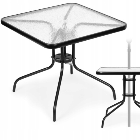 Szklany stolik ogrodowy 80x80 cm z otworem na parasol – na taras i balkon