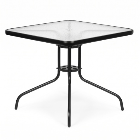 Szklany stolik ogrodowy 80x80 cm z otworem na parasol – na taras i balkon