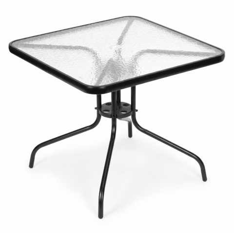 Szklany stolik ogrodowy 80x80 cm z otworem na parasol – na taras i balkon