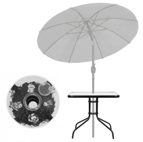 Szklany stolik ogrodowy 80x80 cm z otworem na parasol – na taras i balkon