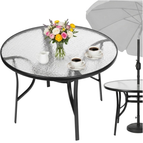 Stolik ogrodowy okrągły 105 cm szklany z otworem na parasol – stół na taras balkon ogród