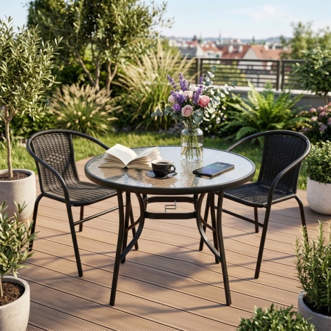 Stolik ogrodowy okrągły 105 cm szklany z otworem na parasol – stół na taras balkon ogród