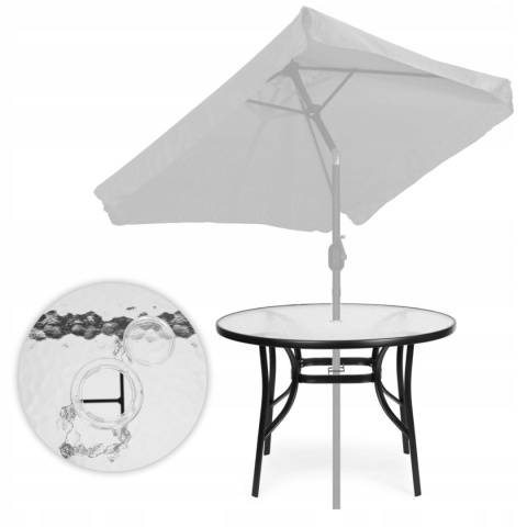 Stolik ogrodowy okrągły 105 cm szklany z otworem na parasol – stół na taras balkon ogród
