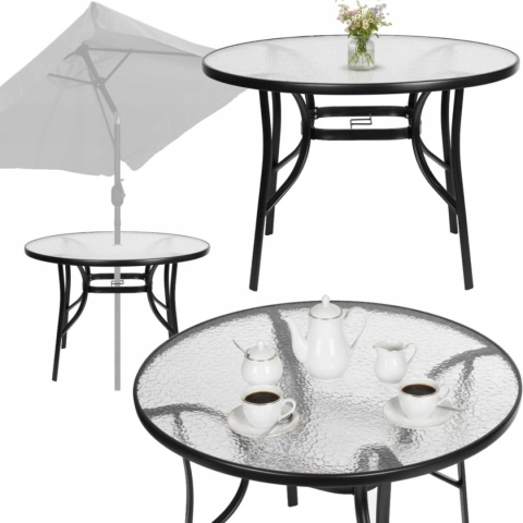 Stolik ogrodowy okrągły 105 cm szklany z otworem na parasol – stół na taras balkon ogród