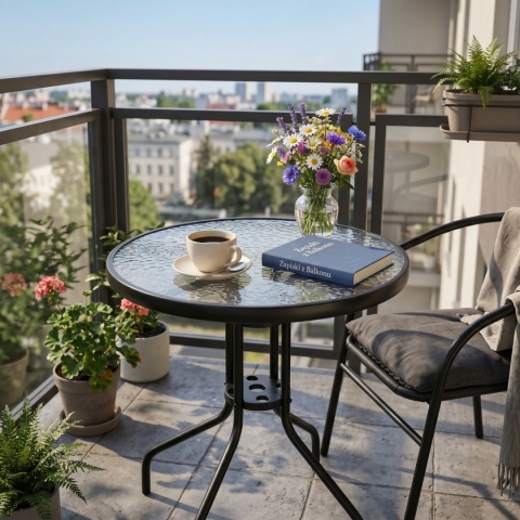 Stolik ogrodowy okrągły 80 cm szklany – na taras, balkon i ogród z otworem na parasol