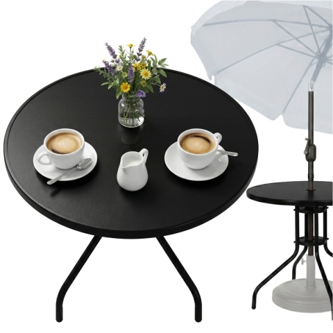 Stolik ogrodowy okrągły 80 cm czarny – szklany stół z otworem na parasol